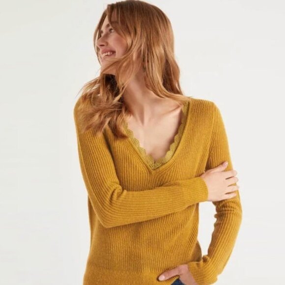 BODEN Kelsey Emma Fair Isle V-Neck Sweater Alpaca Wool Knit Mustard Women's 4 - Picture 1 of 12